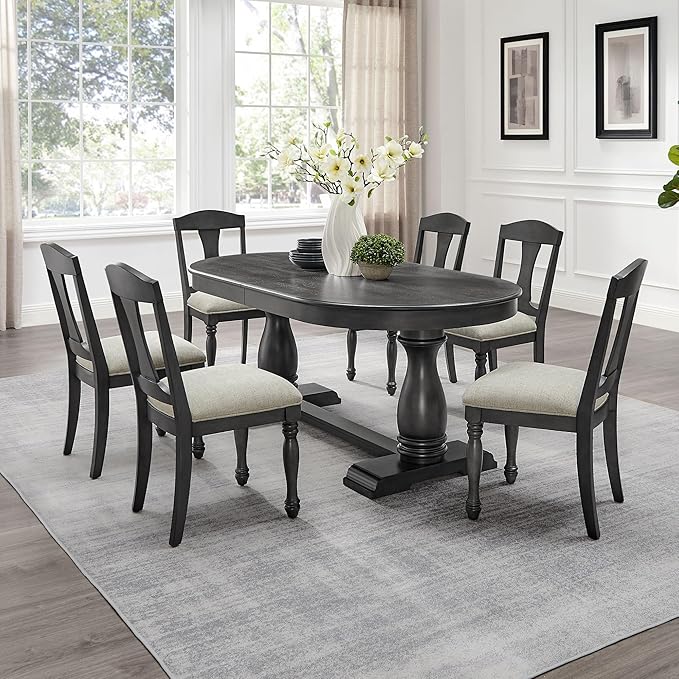 KEIKI Retro 7-Piece Wooden Dining Table Set for 6 Person, Vintage Style Table Set with Extendable Curved MDF Wood Grain Table and 6 Upholstered Chair, Easy Assembly, for Kitchen, Dining Room, Dark Oak