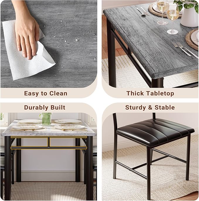 IRONCK Dining Table Set for 4, Wood Kitchen Table with Upholstered Chairs for Kitchen Room and Small Spaces, Grey