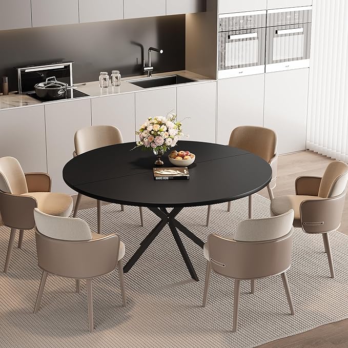 47.24" Round Dining Table for 4-6 Person, Round Kitchen Table with Wood Top, Circle Dinner Pedestal Tables with Metal Legs for Dining Room Kitchen (Black)