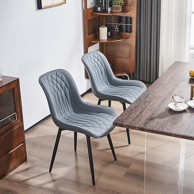 YOUNIKE Dining Chairs Set of 2 with High Back Mid Century Modern Kitchen & Dining Room Chairs PU Faux Leather Upholstered Wide Comfortable Padded Accent Chair for Living Room Bedroom Greyish Green