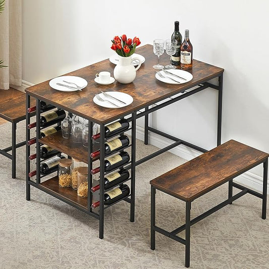 IDEALHOUSE Dining Table Set for 4, Kitchen Table Set for 4 with 2 Benches, Rectangular Dining Room Table Set with Wine Rack, 3 Piece Dining Table Set for Small Space Apartment, Rustic Brown