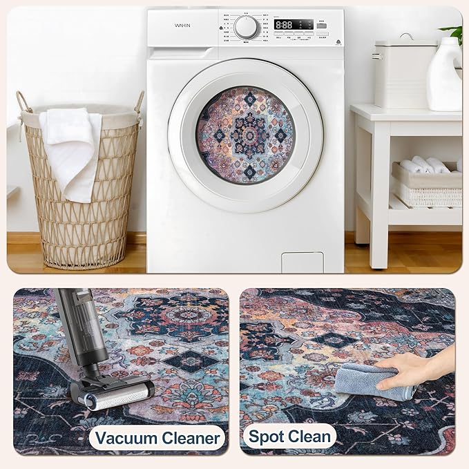 Tangsoo 4x6 Vintage Area Rug with Non Slip Backing, Machine Washable Rug Low Pile Living Room Rugs for Bedroom, Dining Room, Office, Navy/Multi Print Distressed Floor Carpets