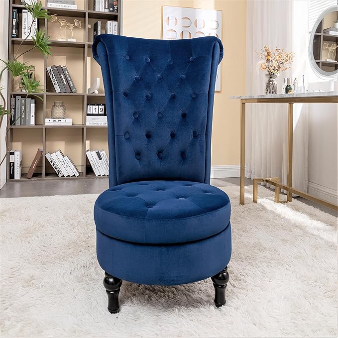 Container Furniture Direct Royal High-Back Velvet Accent Chair for Vanity with Storage and Luxurious Upholstery, Retro Design and Versatile Usage for Living Room, Bedroom, Lounge and Office, Dark Blue