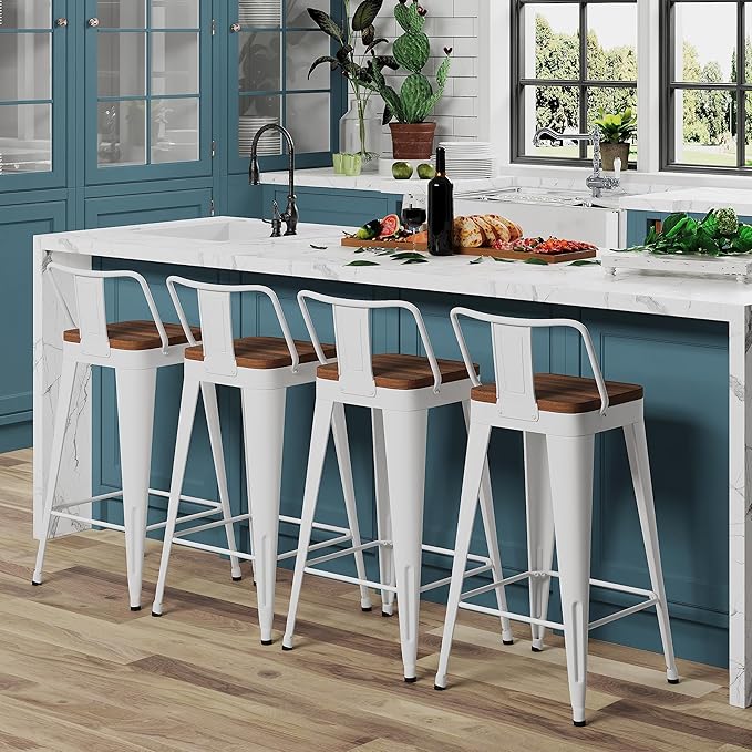 WENTMENT Bar Stools Set of 4 Counter Height Bar Stools Metal Barstools with Removable Back 26" Kitchen Bar Stools with Wooden Seat, White
