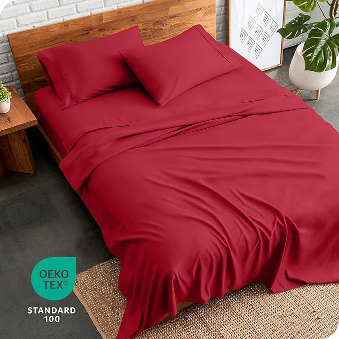 Bare Home Split Head Flex King Sheet Set - 1800 Ultra-Soft Microfiber Bed Sheets - Double Brushed - Deep Pockets - Easy Fit - 4 Piece Set - FlexTop King Bedding (Split Head Flex King, Red)