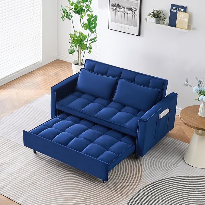 Ball & Cast 55" Convertible Sofa Bed,3 in 1 Sleeper Sofa W/Pull-Out Bed,Convertible Pull Out Couch W/2 Pillows,Adjustable Backrest & Side Pocket,Velvet Futon Couches for Living Room,Apartment,Blue
