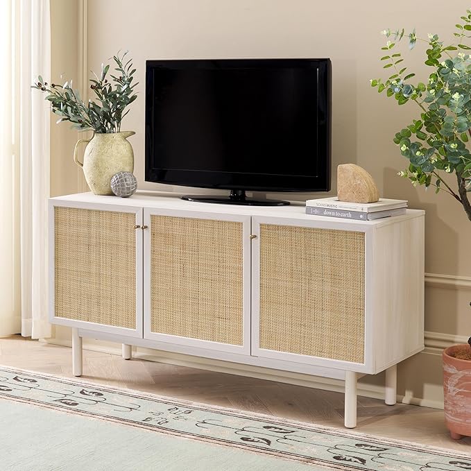 SAFAVIEH Aino TV Stand for up to 60" Flatscreen – Bleached White with Natural Rattan Mesh, 3 Doors with Interior Storage, Sideboard Cabinet, Entertainment Media Console (MED9618C)
