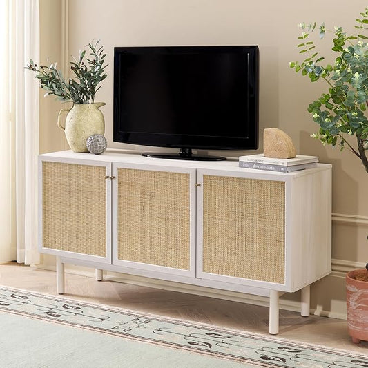 SAFAVIEH Aino TV Stand for up to 60" Flatscreen – Bleached White with Natural Rattan Mesh, 3 Doors with Interior Storage, Sideboard Cabinet, Entertainment Media Console (MED9618C)