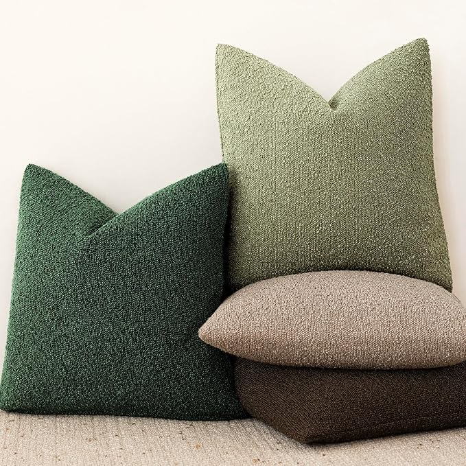 Foindtower Set of 2, Decorative Textured Boucle Throw Pillow Covers Accent Solid Pillow Cases Neutral Cozy Couch Cushion Case for Chair Sofa Bedroom Living Room Home Decor 24x24 Inch Pine Green