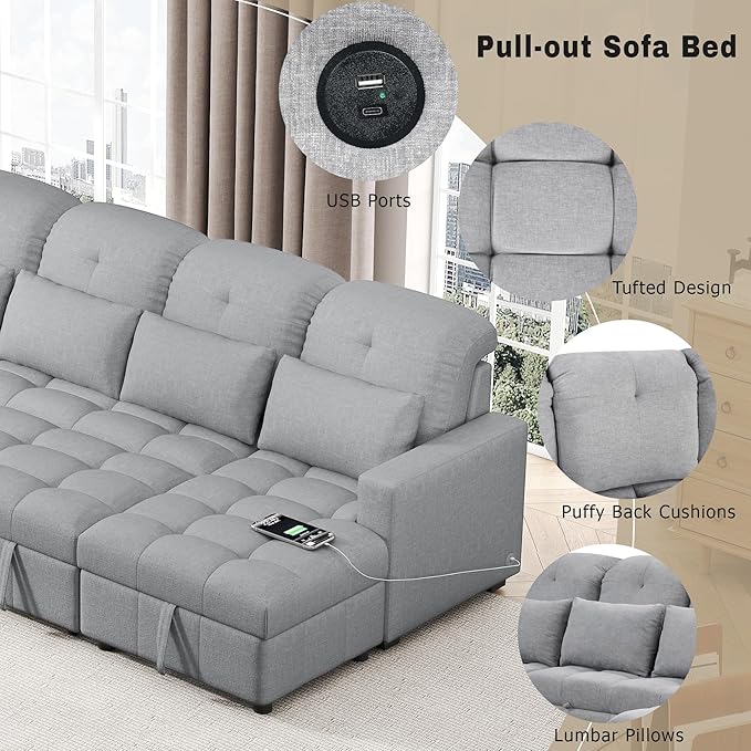 Ball & Cast 110.2" Oversized Versatile Sectional Sleep Sofa with Two USB Ports,U-Shape 4 Seat Pull-Out Couch w/Double Storage Chaise Lounges,for Living Room,Apartment,Office,Gray