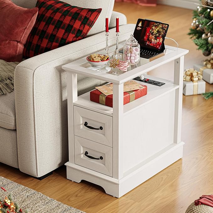 LINSY HOME Narrow End Table with Charging Station, Side Table with Glass Top, Open Shelf, and 2 Drawers, Small Sofa Table with Storage for Living Room, White