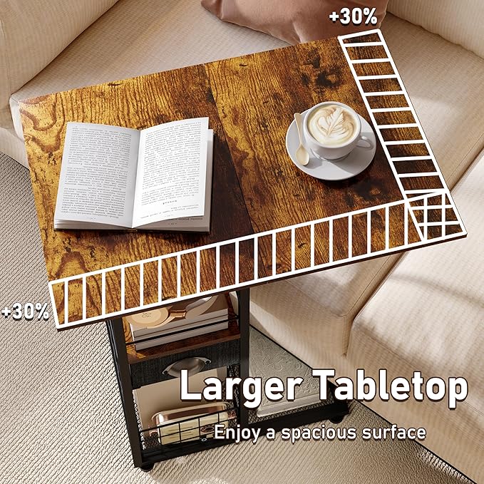 Rolling C-Shaped Side Table with Wheels and Oversized Wood Top, Mobile Overbed Stand with Drawer for Bed or Sofa, Metal Frame Couch Companion for Living Room, Bedroom, or Home Office (Large Desktop)