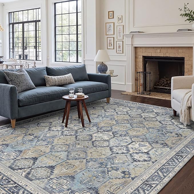 GENIMO 6x9 Area Rugs for Living Room, Machine Washable Non Slip Vintage Rugs, Low Pile Lightweight Chenille Print Rug for Bedroom, Dining Room, Home Office, Brown Blue