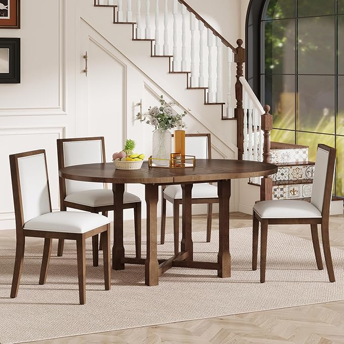 Ball & Cast Farmhouse 5 Pieces Dining Table Set with 4 Upholstered Chairs,Wooden Living Room Furniture for 4 W/ 57.7" Extendable Dining Table,Easy Assemble&Clean,for Dining Room,Bistro,Apartment,Brown