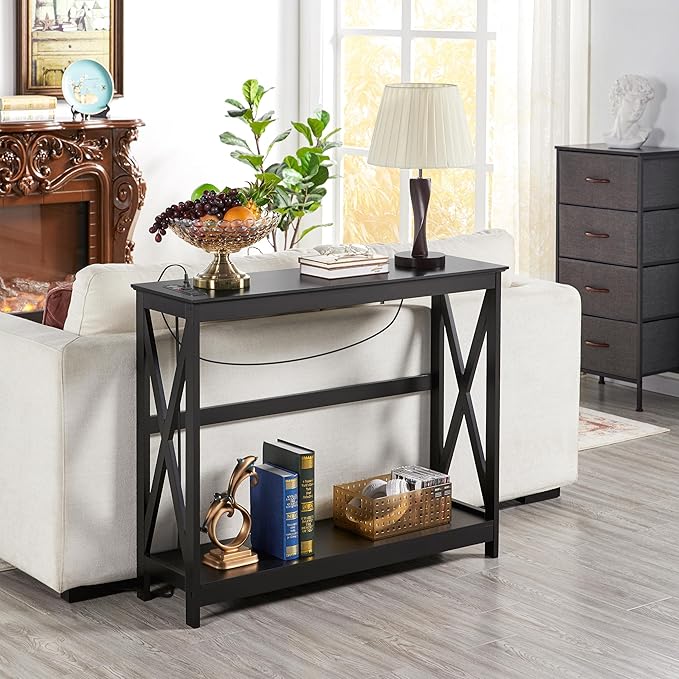 Yaheetech 40" Console Table with Power Outlets and USB Ports, Wood Entryway Table with Charging Station & Storage Shelf, Narrow 2-Tier Sofa Table for Living Room Hallway Foyer, Black