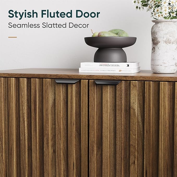 Semiocthome Walnut Buffet Cabinet with Storage, Large Sideboard Cabinet with 4 Fluted Doors and Metal Legs, Storage Cabinet with Adjustable Shelf, Accent Table for Living Room, Dining Room, Kitchen