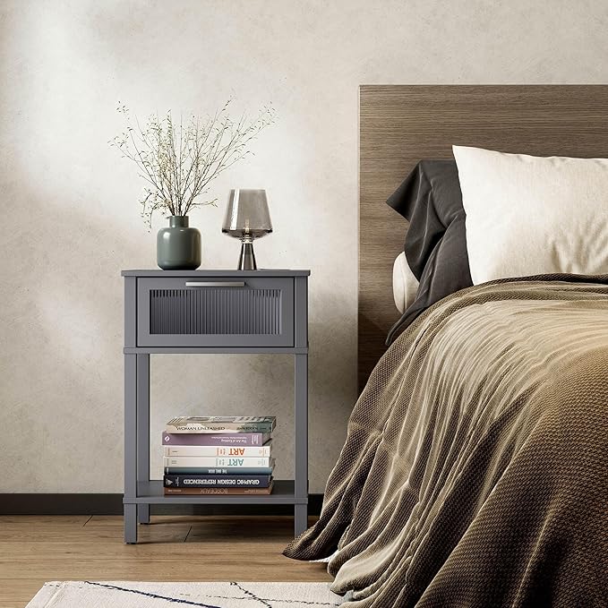 Nightstand Wooden Bedside Table with Drawer Grey Night Stands Modern Style Small End Table Side Table with Storage Shelf for Bedroom Living Room MLBZ10G