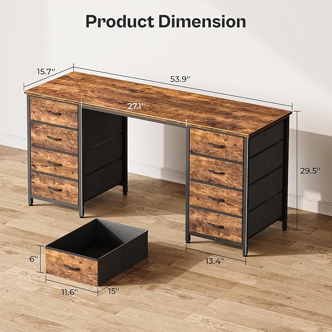 Huuger 55 Inch Computer Desk with 8 Fabric Drawers, Office Desk Work Desk for Home Office, Study, Gaming Desk with Drawers, Large Storage, Rustic Brown