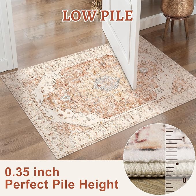 Tangsoo 5x7 Area Rug Washable Rug for Living Room, Vintage Indoor Non Slip Large Area, Print Distressed Brick Red Carpet, Soft Low Pile Foldable for Bedroom Dining Room Dorm