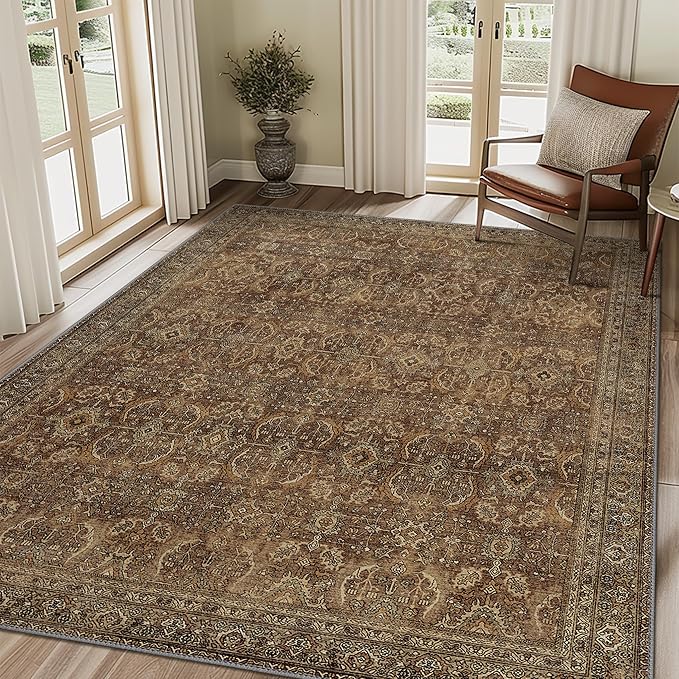 10X14 Area Rugs Machine Washable Rugs for Living Room, Vintage Boho Large Rugs for Bedroom Dining Room, Non Slip Indoor Soft Distressed Lightweight Thin Low Pile Carpet, Rustic Brown