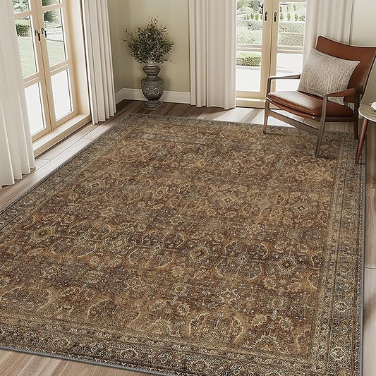 8X10 Area Rugs Machine Washable Rugs for Living Room, Vintage Boho Large Rugs for Bedroom Dining Room, Non Slip Indoor Soft Distressed Lightweight Thin Low Pile Carpet, Rustic Brown