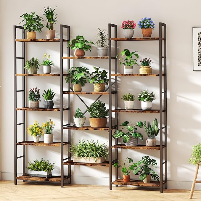 Shintenchi Triple Column 5 Tier Bookshelf, Industrial Large Bookcase Display Shelves, Large Etagere Bookshelf,Wide Book Shelf Book Case for Home & Office, Rustic Brown