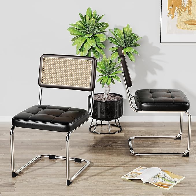 Rattan Dining Chairs Set of 2 Mid Century Modern Kitchen Chairs with Natural Rattan Backrest Oak Frame and Upholstered Pu Seat Chairs with Metal Legs, Black