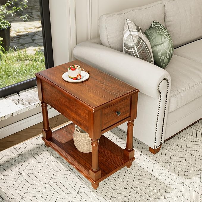 LEEMTORIG Solid Wood End Table Narrow Side Table with Drawer, Cherry Wood End Table living room, 13"W Slim Bedside Table Small Nightstand, 22"D x 22.3"H, No-tools Assembly, Beeswax Brown BBJ-004-DR