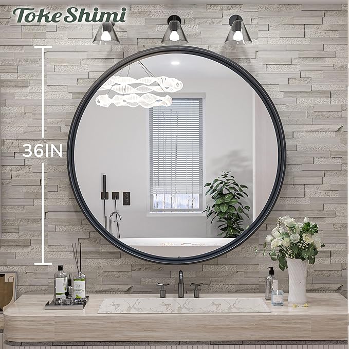 TokeShimi Black Round Mirror 36 Inchs Wall Mounted Black Circle Bathroom Mirror with Non-Rusting Aluminum Alloy Brushed Matte Metal Frame for Modern Minimalist Farmhouse Home Decor