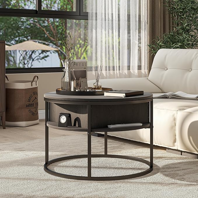 Round Lift Top Coffee Table,Coffee Tables Living Room,Black Coffee Table with Storage Hidden Compartment,Wood Farmhouse Coffee Table Decor,Center Table for Living Room,Modern Coffee Table