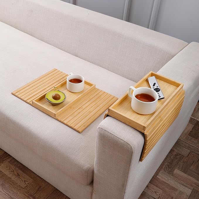 DETOR Couch Arm Tray, Foldable Sofa TV Tray with Capacious 12.4" x 5.4" Storage Box, Natural Bamboo Finish, Enhanced Nonslip Felt Bottom, Sturdy Bamboo Slats Material | for Armrests 6" and Wider