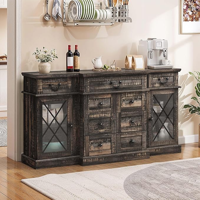 YITAHOME Television Stand for 65/55 Inch TV, Farmhouse TV Stand with 9 Drawers, Adjustable Shelves and Tempered Glass Doors, Entertainment Center TV Media Console for Living Room, Dark Rustic Oak