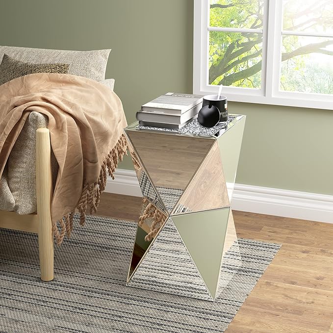 ENENE Mirrored Diamond Setting End Table Glass Decorative Side Table for Living Room Small Spaces Coffee Table Modern Pedestal Accent Table for Bedroom Office Hallway Entryway
