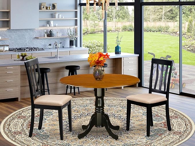 East West Furniture DLAN3-BCH-C 3 Piece Dining Room Table Set Contains a Round Kitchen Table with Dropleaf and 2 Linen Fabric Upholstered Dining Chairs, 42x42 Inch, Black & Cherry