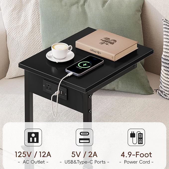 Vagusicc C Shaped End Table with Charging Station, 33" Tall Side Table for Couch, C Table Adjustable Height Small Couch Side Tables, Slide Under Sofa Table TV Tray Tables for Living Room,Bedroom,Black