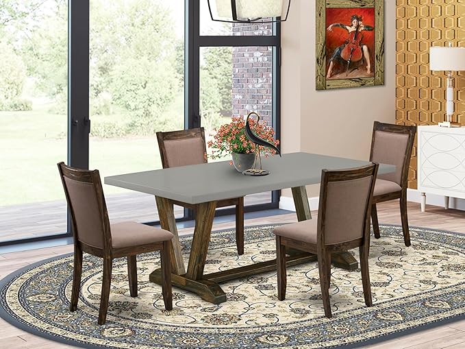East West Furniture V797MZ748-5 5 Piece Modern Dining Table Set Includes a Rectangle Wooden Table with V-Legs and 4 Coffee Linen Fabric Upholstered Chairs, 40x72 Inch, Multi-Color