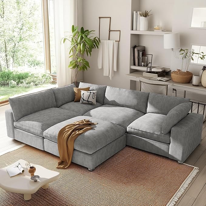 176.4 Inch L Shaped Modular Sectional Sofa with Removable Ottoman, 5-Seater Oversized Deep Seat Corner Couch for Living Room, Apartment, Office, Spacious Space, Grey