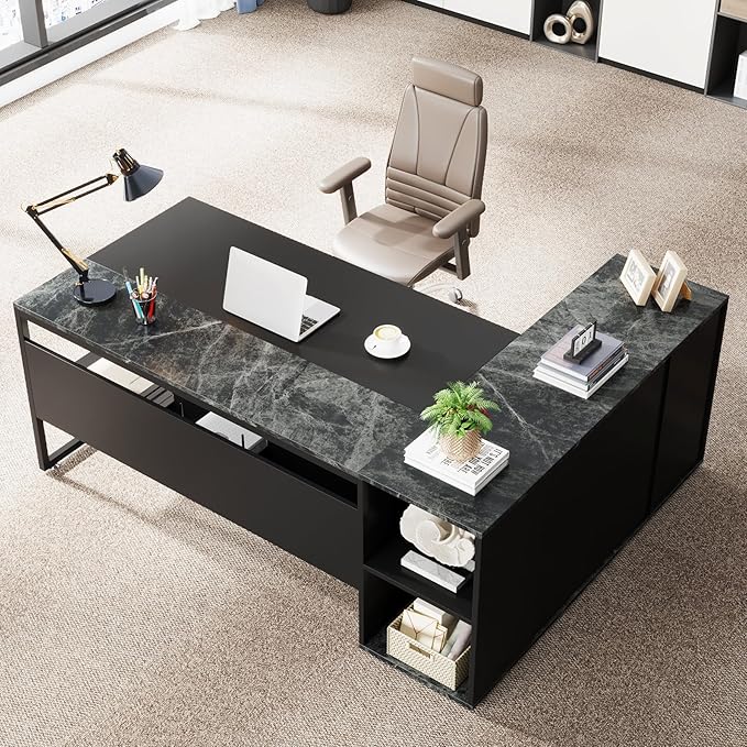 Tribesigns 71 inch Executive Desk, L Shaped Desk with Cabinet Storage, Executive Office Desk with Shelves, Business Furniture Set Workstation for Home Office, Black