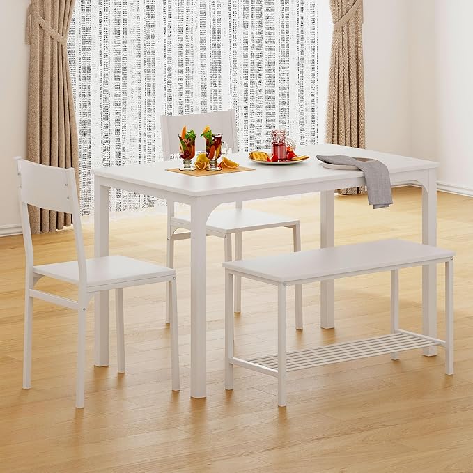 SogesHome 4-Piece Dining Table Set for 4, 43.5'' Space-Saving Kitchen Set with Bench and Chairs, Ideal for Restaurants and Coffee Shops, White
