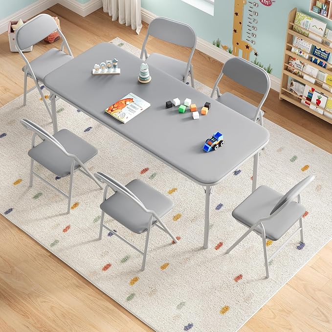 GarveeHome 7-Piece Kids Folding Table and Chairs Set, Toddlers Children's Activity Table and Chairs Set for Dining Room,Daycare,Classrooms