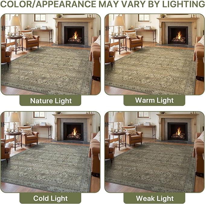 8X10 Area Rugs Machine Washable Rugs for Living Room, Vintage Boho Large Rugs for Bedroom Dining Room, Non Slip Indoor Soft Distressed Lightweight Thin Low Pile Carpet, Muted Sage