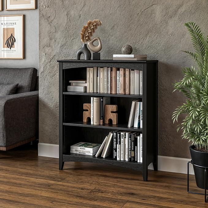 Camaflexi Shaker Style 3 Shelf Bookcase/Solid Wood / 36" High/Adjustable Shelving/Closed Back/Display Bookshelf for Living Room, Bedroom, Home and Office, Black