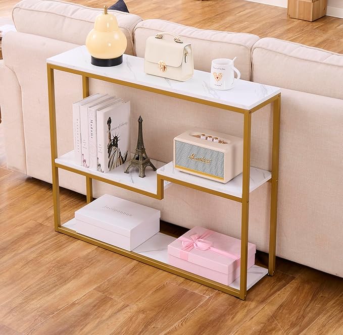 loglus Console Table for Entryway, Faux Marble MDF Sofa Table with Golden Frame (Multilayer, White Marble)