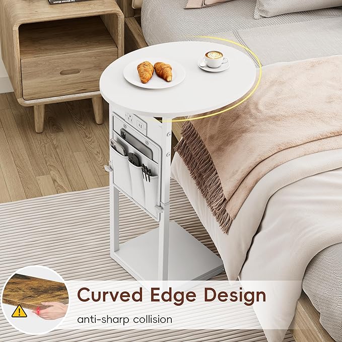 Vagusicc C Shaped End Table with Charging Station, 32" Tall Side Table for Couch and Recliner, Adjustable Height Small Couch Side Table Slide Under Sofa TV Tray Table for Living Room, Bedroom, White