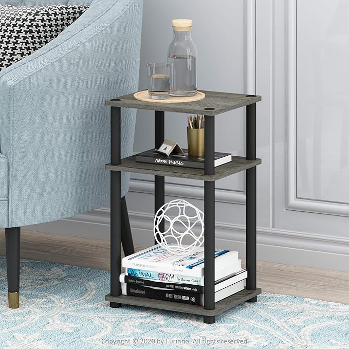 Furinno Just 3-Tier Turn-N-Tube End Table / Side Table / Night Stand / Bedside Table with Plastic Poles, 1-Pack, French Oak Grey/Black