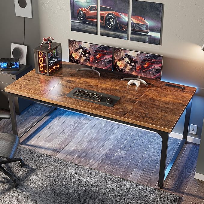 Huuger 63 x 31.5 inch Desk with Power Outlets & USB-C, 1.2 Inch Thicker Desktop, Robust Metal Tubes, Deep Computer Desk, Heavy Duty Office Desk, for Home Office, Rustic Brown