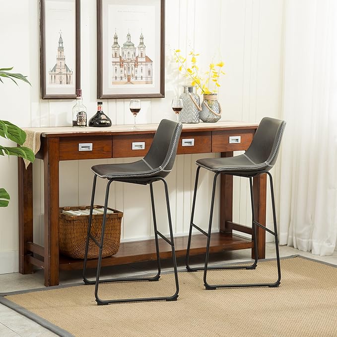 Roundhill Furniture Lotusville Vintage PU Leather Bar Stools, Antique Gray, Set of 2