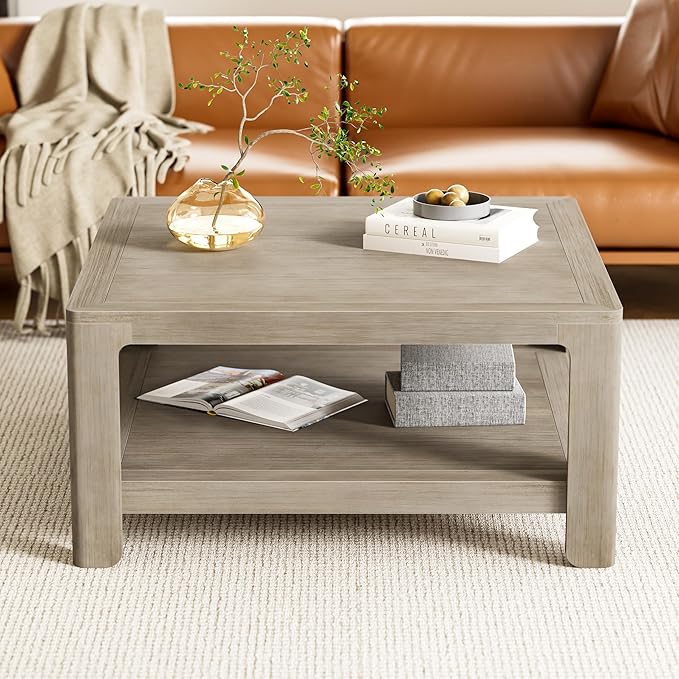 Christopher Knight Home Doran Small Coffee Table with Storage, Modern MDF Square Side Table, Multifunctional Accent Table with Spacious 2-tier Design, Semi-open Design Indoor Furniture, Light Grey Ash