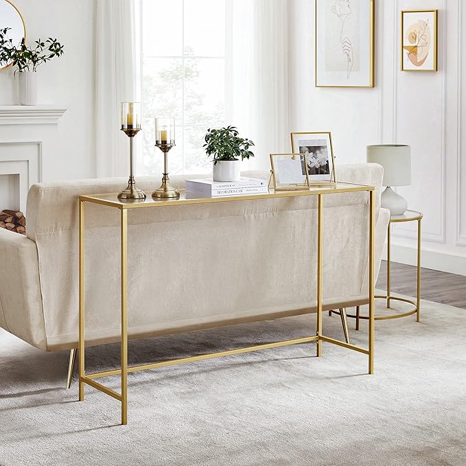 VASAGLE 47.2 Inches Console Table, Tempered Glass Sofa Table, Modern Entryway Table, Sturdy Metal Frame, Easy to Assemble, Adjustable Feet, for Living Room, Hallway, Gold Color ULGT036A01