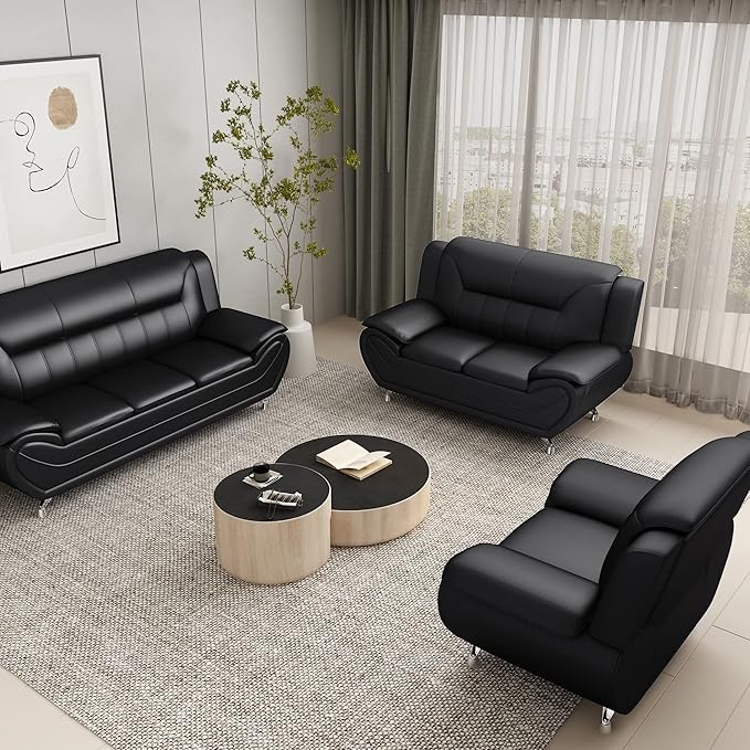Container Furniture Direct Michael Modern Faux Leather Upholstered Stainless Steel Legs Living Room, Chair, Loveseat, Sofa, Soft Beige/Black